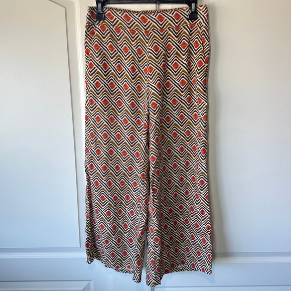 Tahari‎ Linen Wide Leg Geometric Print Pants Elastic Waist Boho Orange Brown S - Picture 1 of 3